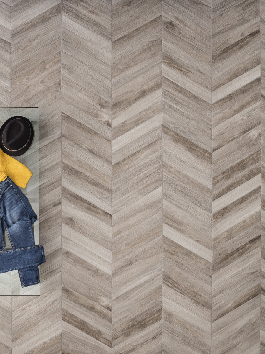Italian Vintage Cendre Grey Chevron Wood Effect Floor Tiles - 407x75(mm)