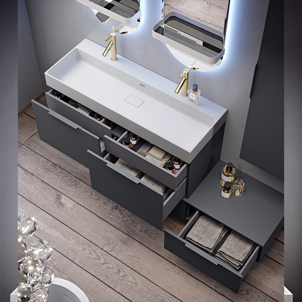 Florence Italian Vanity Unit With Stone Basin & LED Mirrors (MATT GRAPHITE 1200MM)