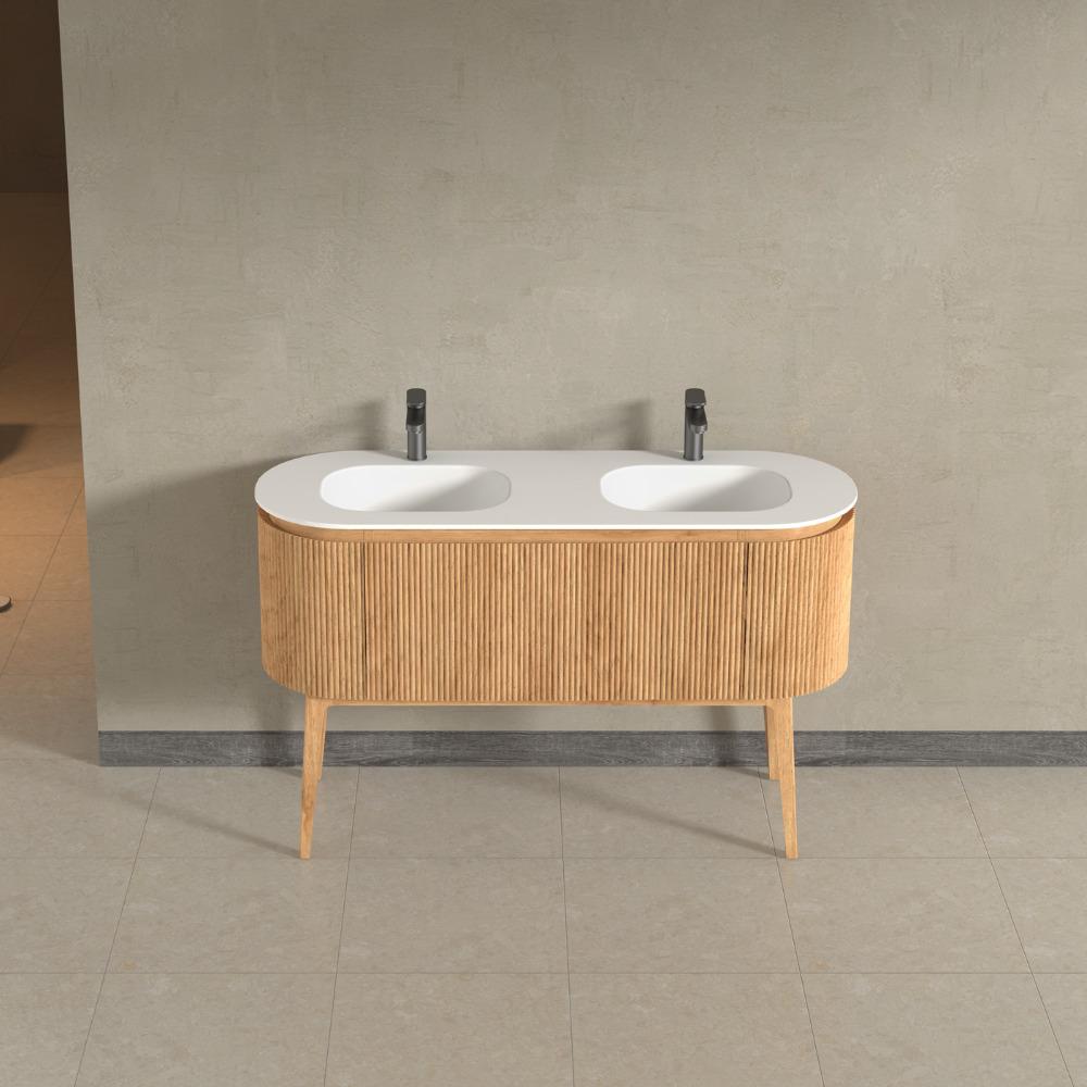Kensington Solid Wood Floor Standing Dual Oval Basin Fluted Vanity Unit With Side Cabinets 1400mm.