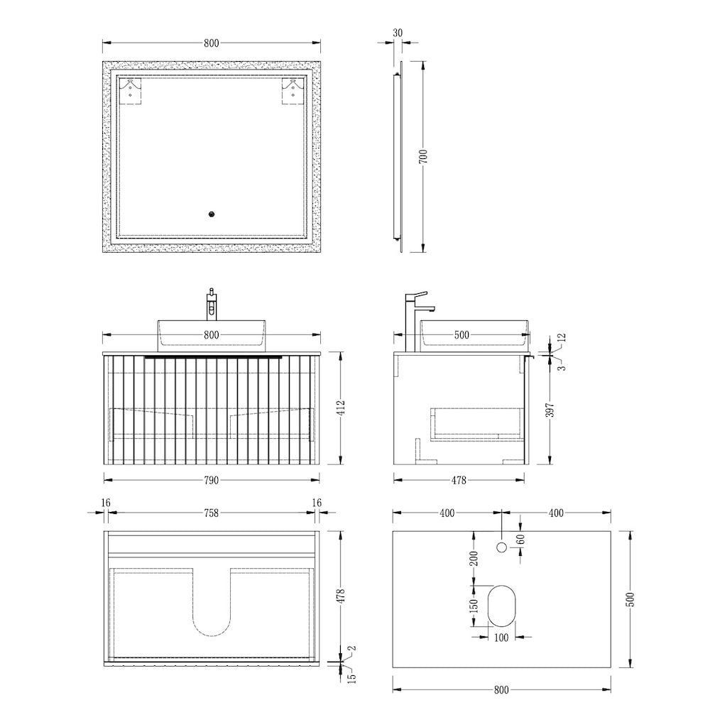 Valar Light Fluted Vanity With LED Mirror - 800mm